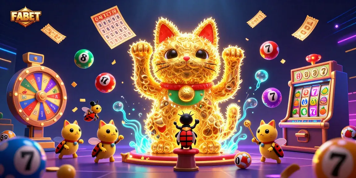 Experience FABET's vibrant casino scene with a waving lucky cat and colorful elements surrounding it.