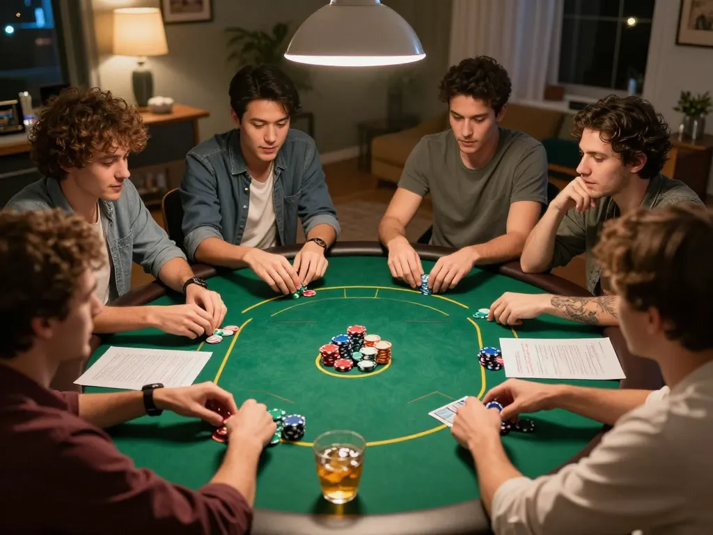 Friends enjoying a lively poker game night with strategic discussion and engagement on jus77.