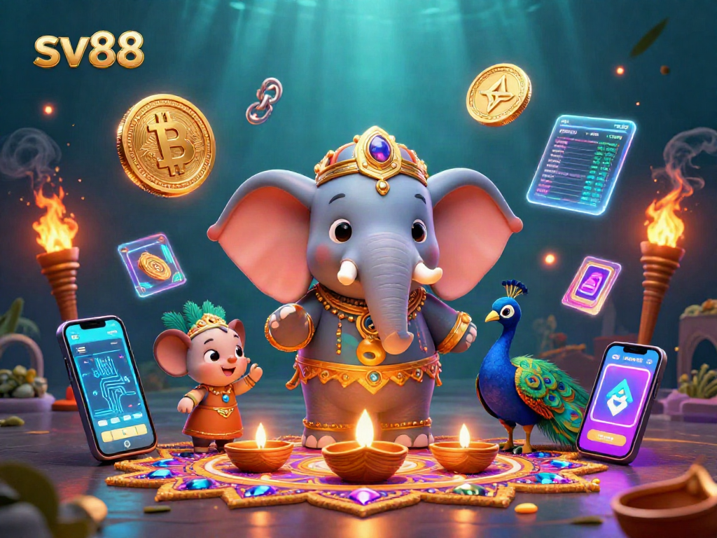 sv88 casino illustration featuring a vibrant elephant and peacock, enhanced with crypto elements.