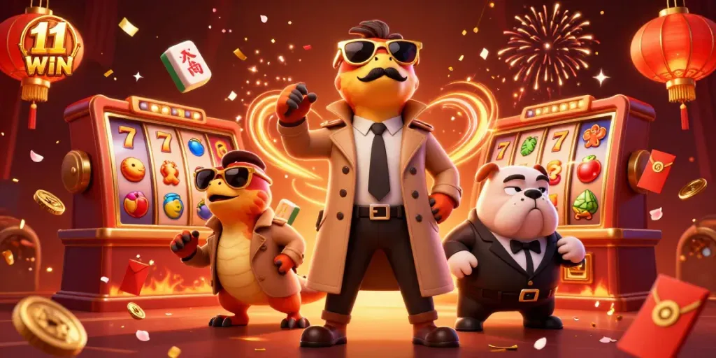 Experience thrilling gaming action with 11 WIN as raptors and a bulldog guard a VIP casino entrance.