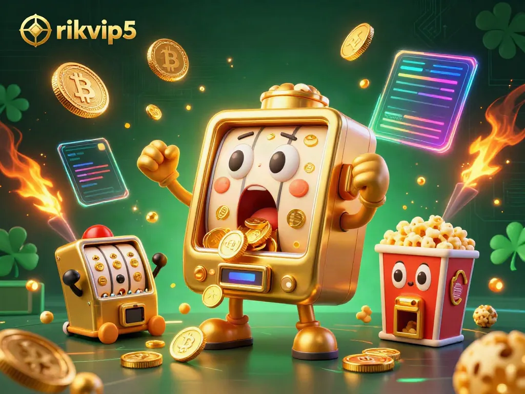 Experience the excitement of rikvip5 with this 3D illustration of animated slot machines, golden coins, and vibrant gaming elements.