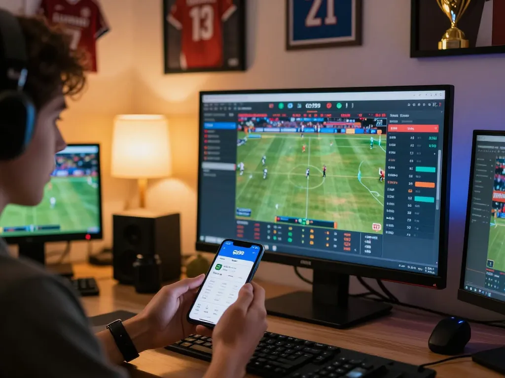 Engaging moment of betting action on Go99 app in a cozy home office setting with multiple screens.