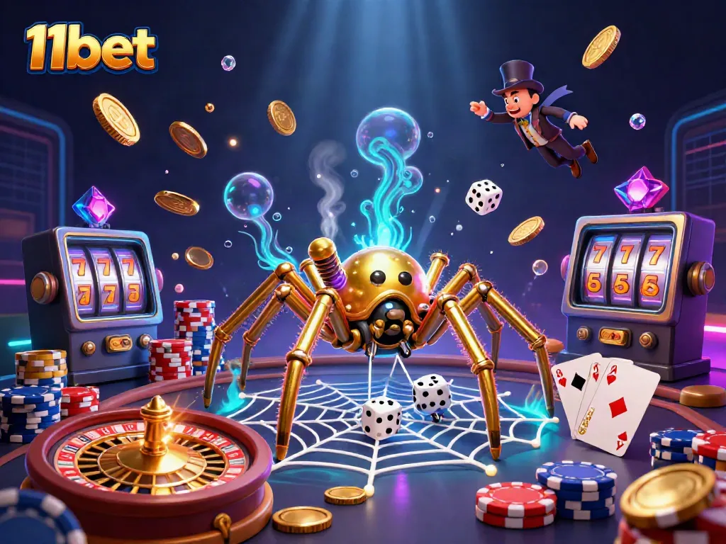 Engage with the thrilling world of 11bet, a dazzling steampunk casino illustration featuring golden creatures and exciting games.