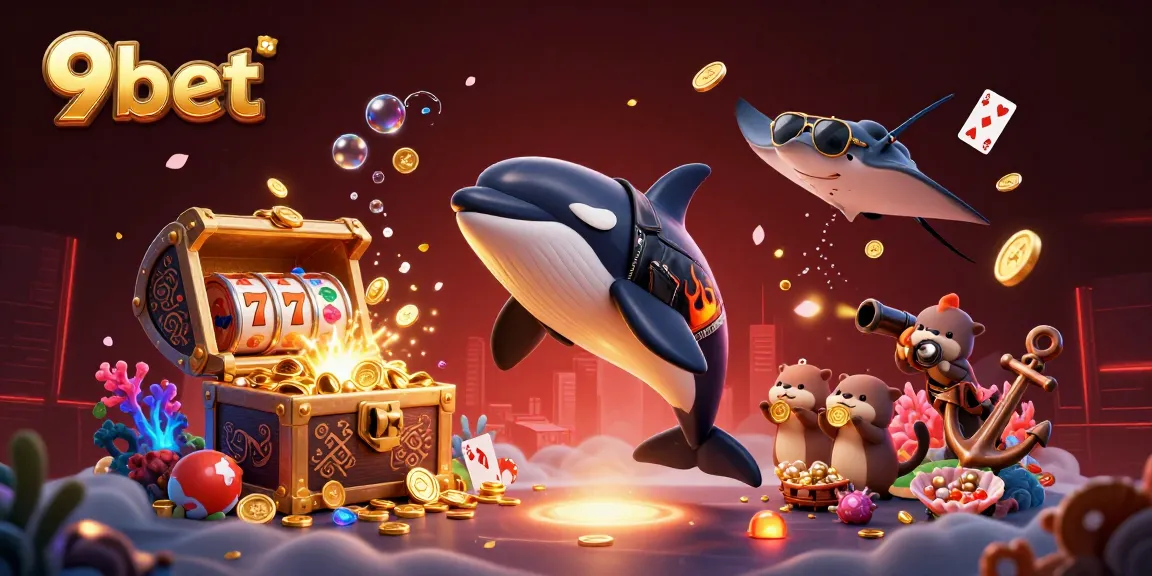 Engage with 9bet’s dynamic gaming world with cartoon animals and vibrant casino elements.