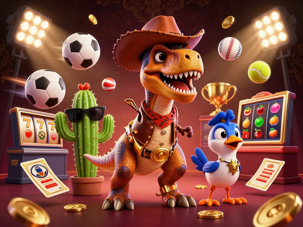 Immerse in hitclub gaming action with a lively scene featuring slots, a dinosaur, and golden trophy.