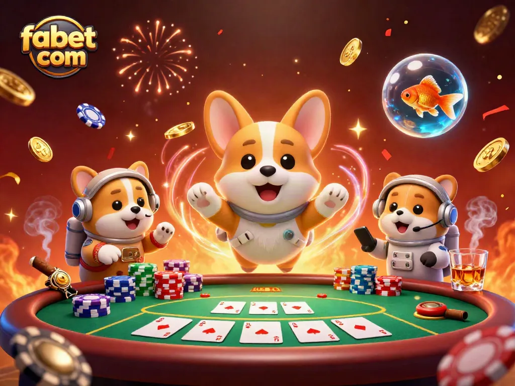 Experience vibrant gaming at fabet com with floating characters and casino elements galore.