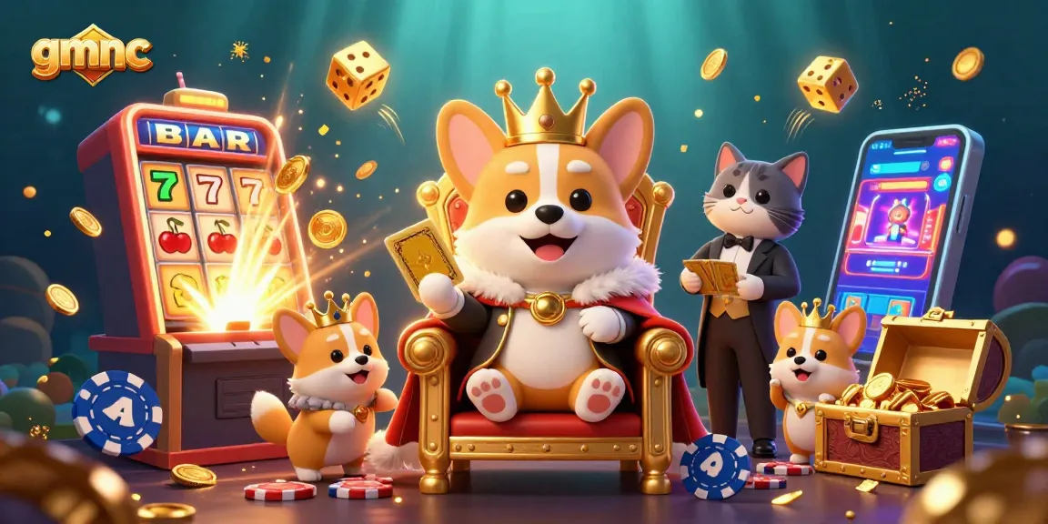 Experience gmnc's vibrant casino scene with corgis celebrating amidst jackpots and golden treasures.