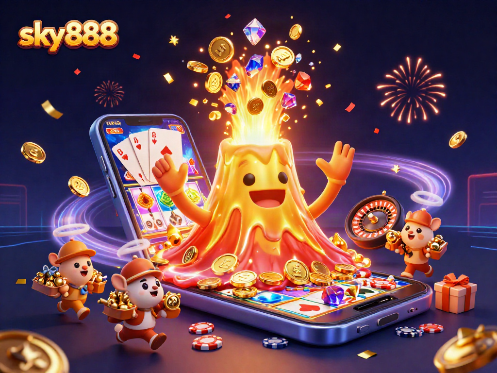 Experience thrilling wins with sky888 in a packed casino scene featuring animated treasures and gaming elements.