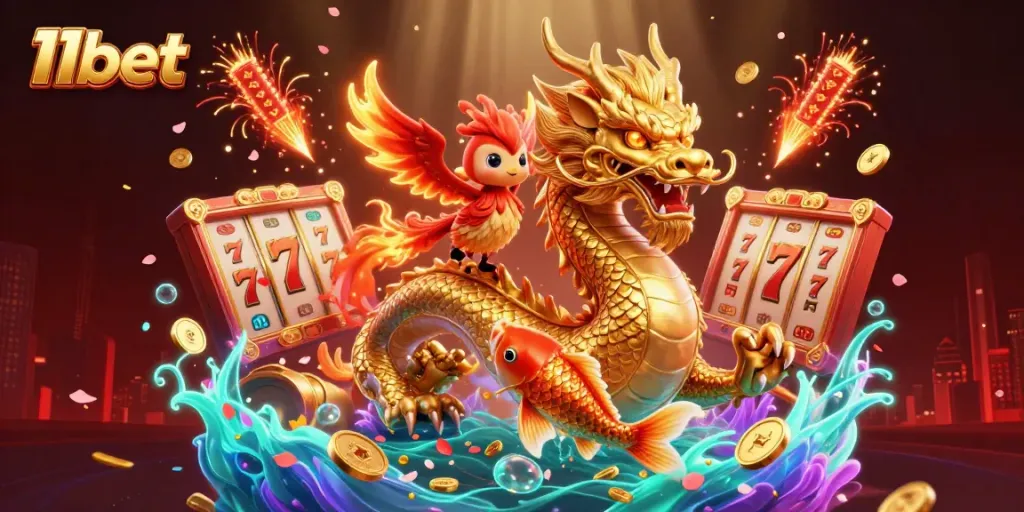Experience dazzling wins and excitement with 11bet's vibrant casino atmosphere featuring a fiery dragon.