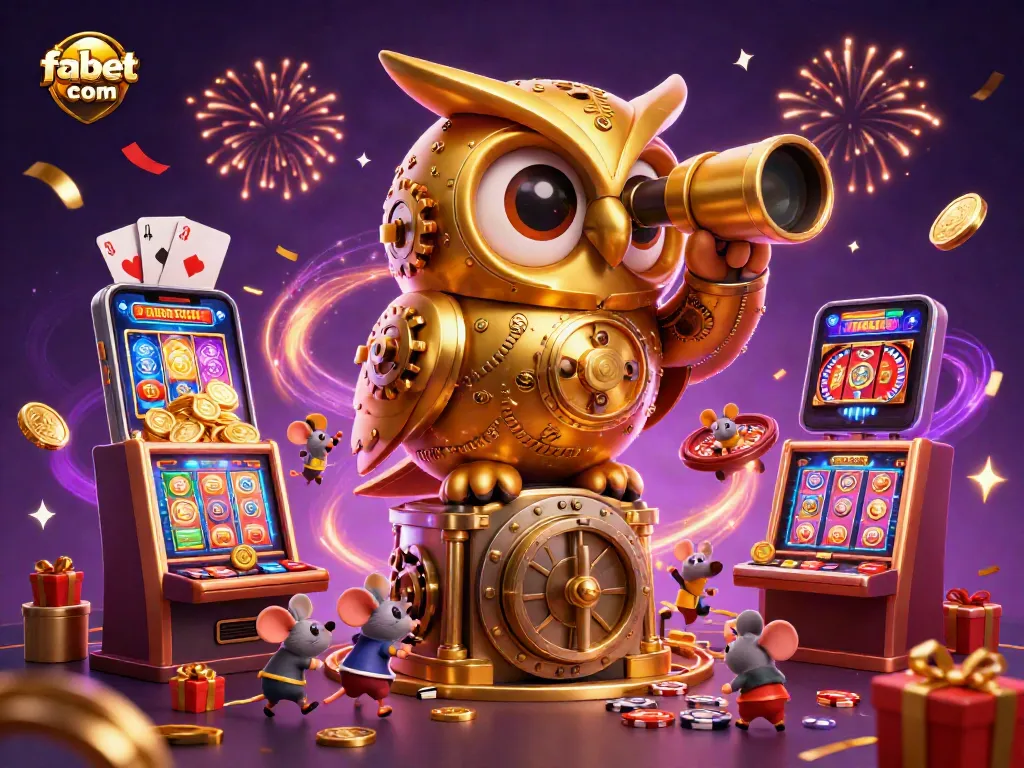 Experience the action-packed excitement of fabet com with a whimsical casino scene featuring a golden owl and scurrying mice.