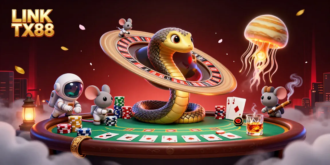 Engage with LINK TX88 through an exciting cosmic casino scene featuring animated characters.