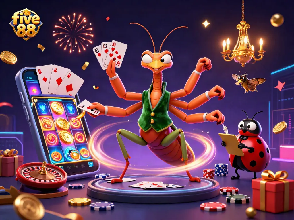 Experience the excitement of five 88 with dynamic 3D casino characters amidst vibrant slot games and energetic visuals.