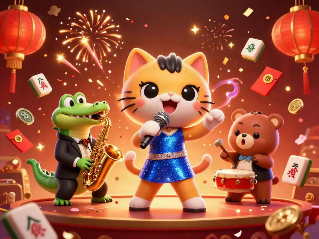 Experience a vibrant casino show with the lively 3D cartoon jazz-singer cat showcasing 'nhà cái uy tín' in its performance.