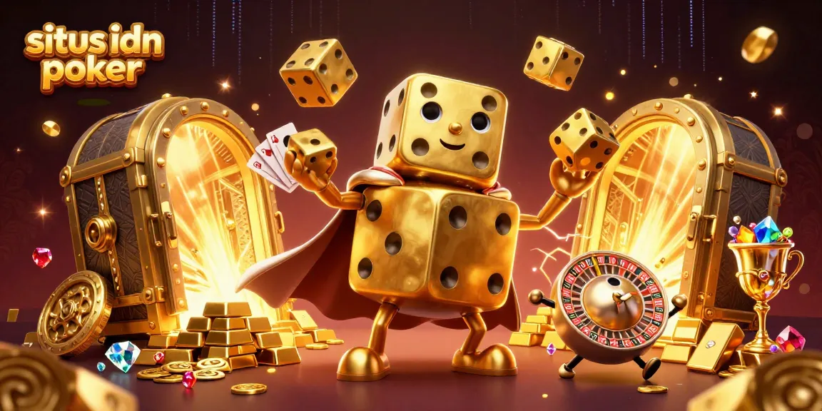 Menggoyang dadu emas raksasa sambil bermain di situs idn poker dengan latar belakang aset berkilauan.