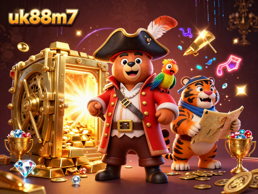 Join the action at uk88m7 with a vibrant 3D casino scene featuring treasure and a playful bear.