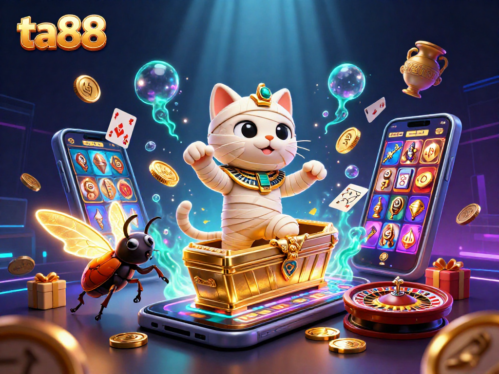 Experience thrilling action at ta88 with a lively 3D illustration featuring a mummy cat and casino elements.