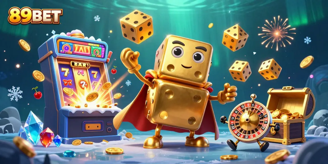 Experience the excitement of 89BET with a vibrant casino illustration showcasing gold dice and slots.