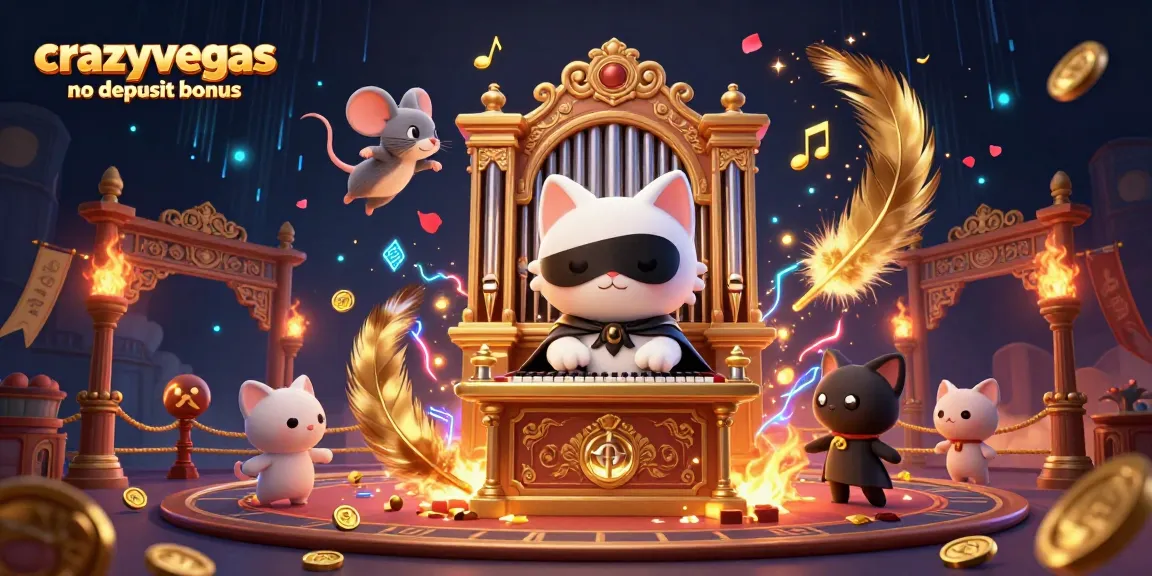 Experience the magic of crazyvegas no deposit bonus with a vibrant casino scene featuring a phantom cat and acrobat.