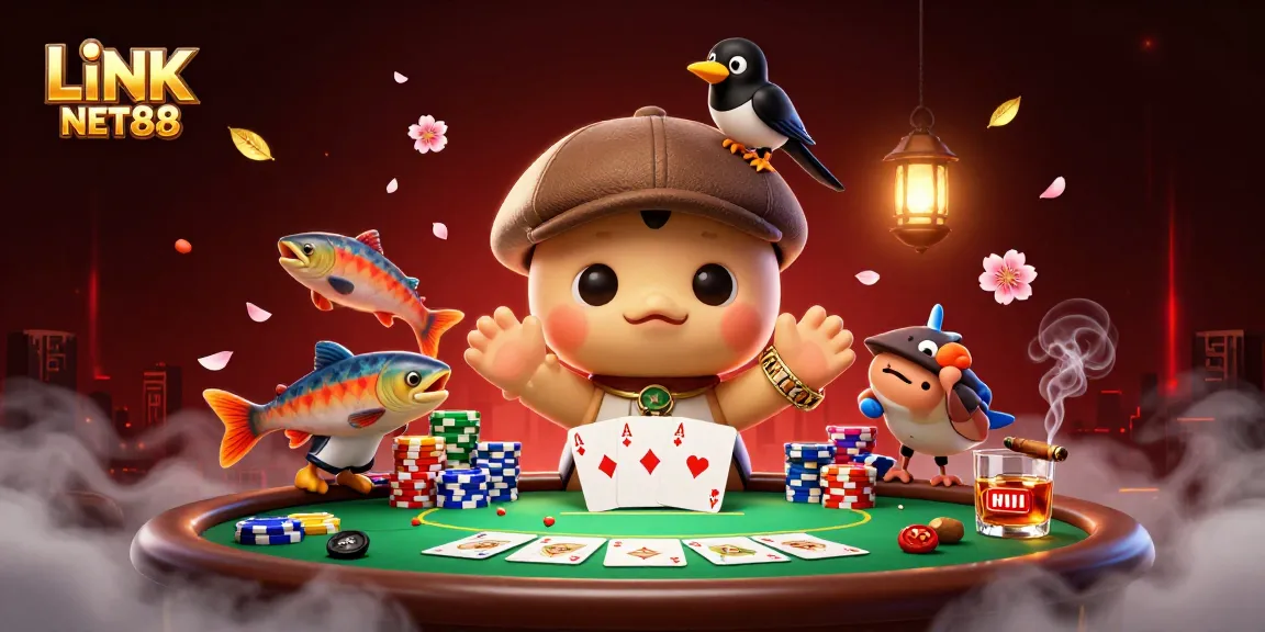 Play and win with LINK NET88 at a vibrant online casino illustrated scene featuring characters and exciting gamble elements.