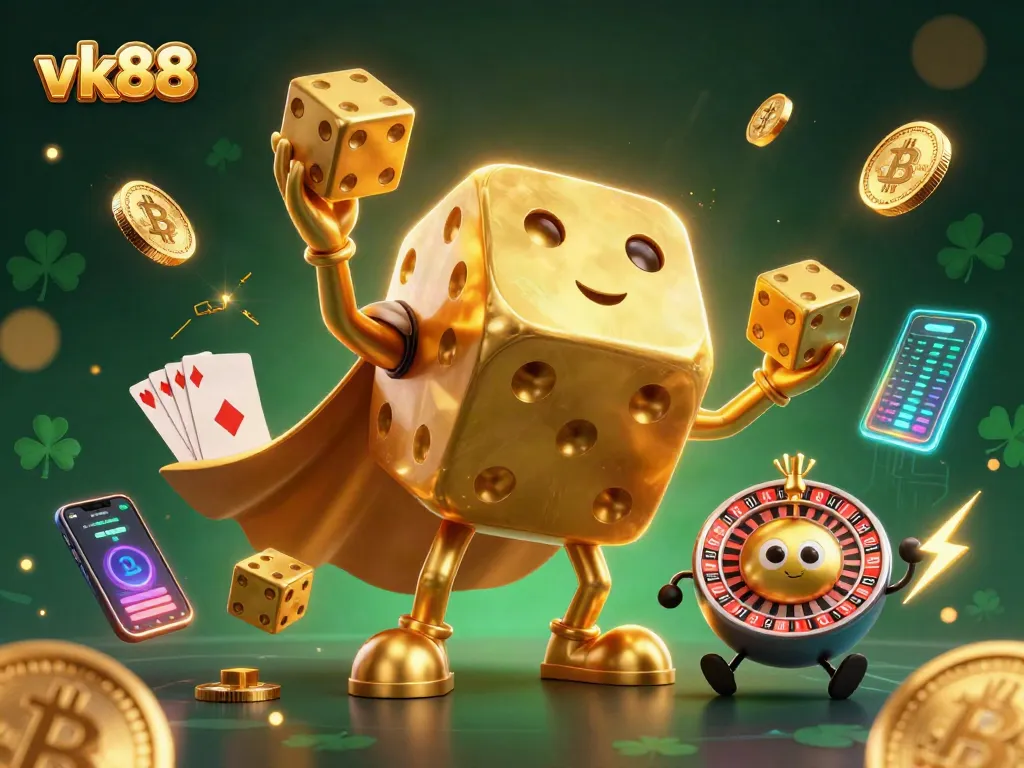 Play to win at vk88 with an exciting dice golem surrounded by vibrant casino elements.
