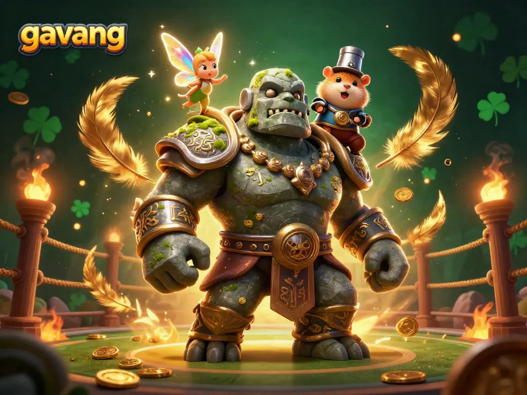 Gavang showcases dynamic sports betting action with a magical golem and knight character.