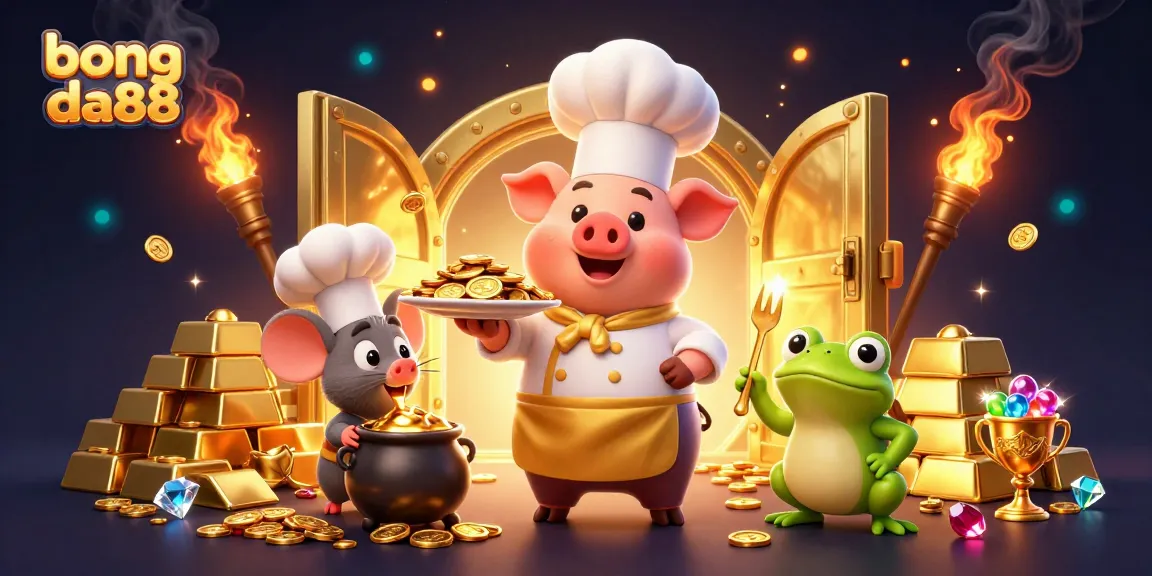 Experience bong da88 with chef pig serving gold coins amidst sparkling casino elements.