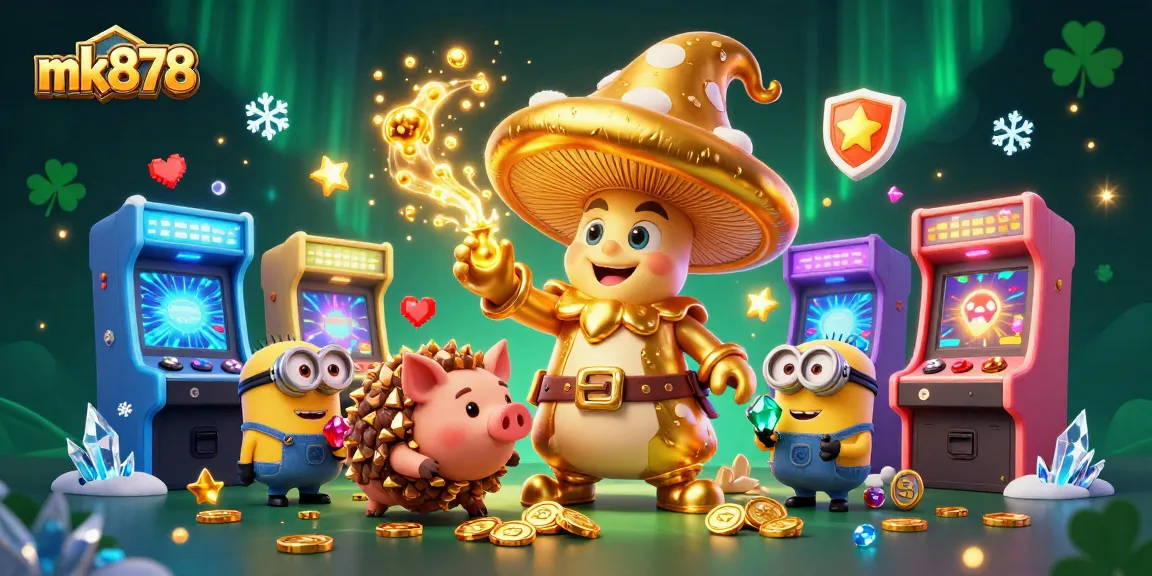 Experience thrilling gameplay with mk878's magical mushroom wizard and treasure-hunting pig in a vibrant casino world.