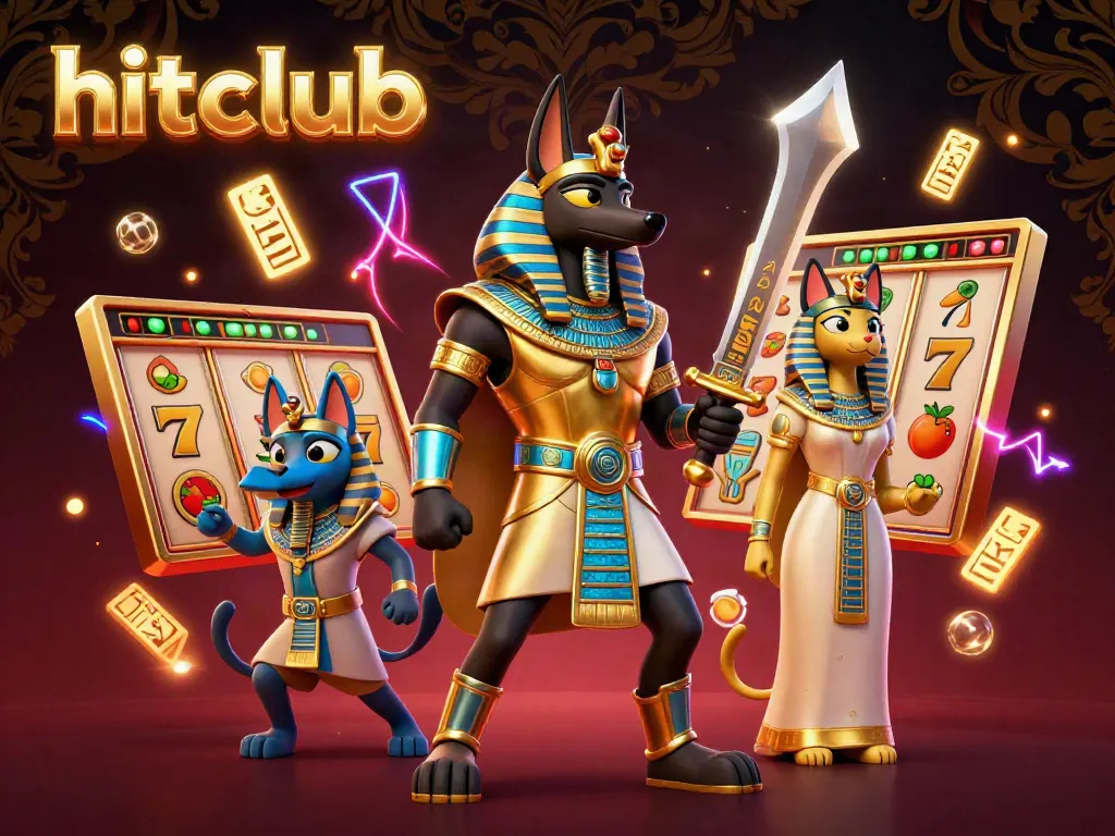 Engage in thrilling gameplay at hitclub with Anubis and Bastet amidst vibrant slot machine symbols.