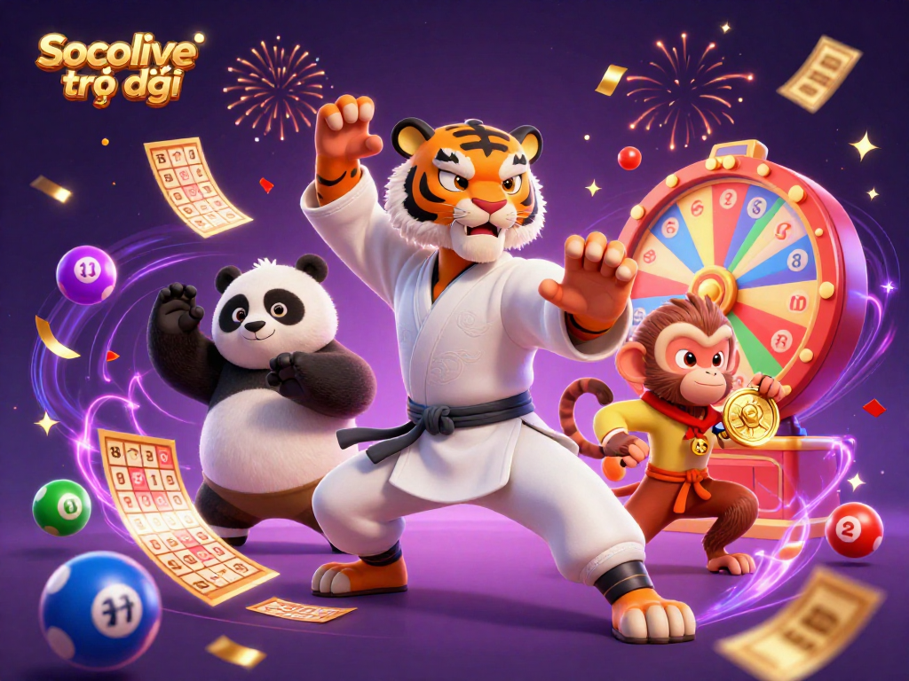 Socolive trực tiếp showcases an engaging scene with a kung fu tiger master, panda disciple, and monkey stealing a medal amid gambling thrills.