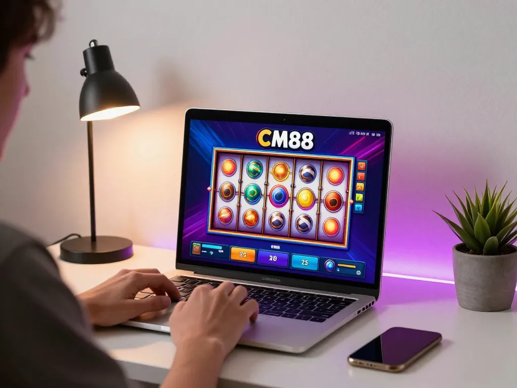 Engaged player spinning slots on CM88 platform, vibrant colors of digital machine in view