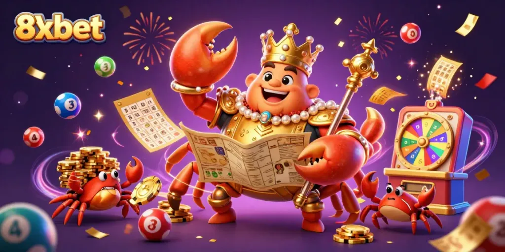 Engage in thrilling gameplay at 8xbet with vibrant lottery balls and golden treasures around a crab emperor!
