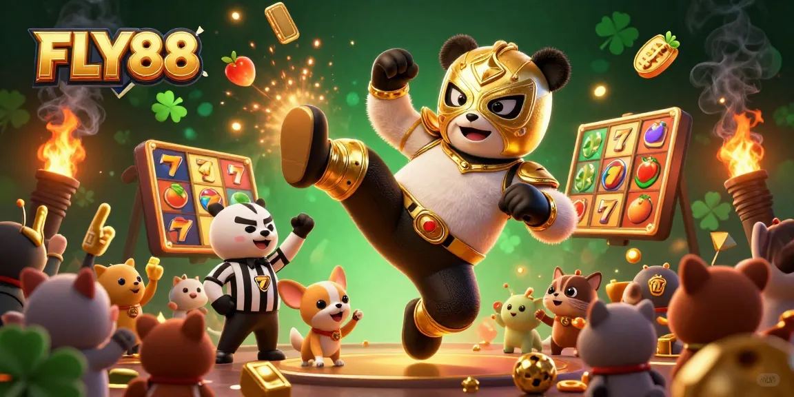 FLY88 presents a vibrant scene with a flying wrestler panda and exciting slot game elements for players.