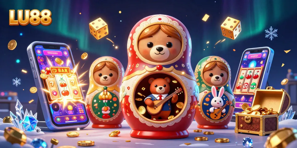 LU88 players enjoying a vibrant casino scene with colorful slot machines and adorable characters.
