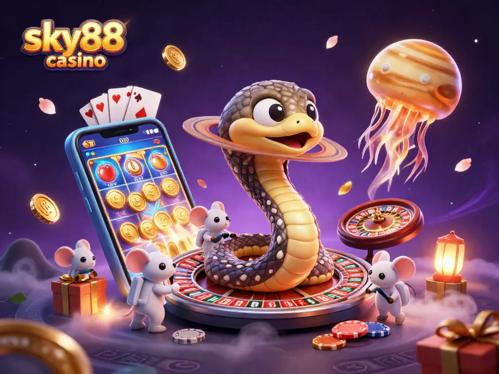 Experience thrilling bets at sky88 casino with a celestial roulette wheel and whimsical astronaut mice.