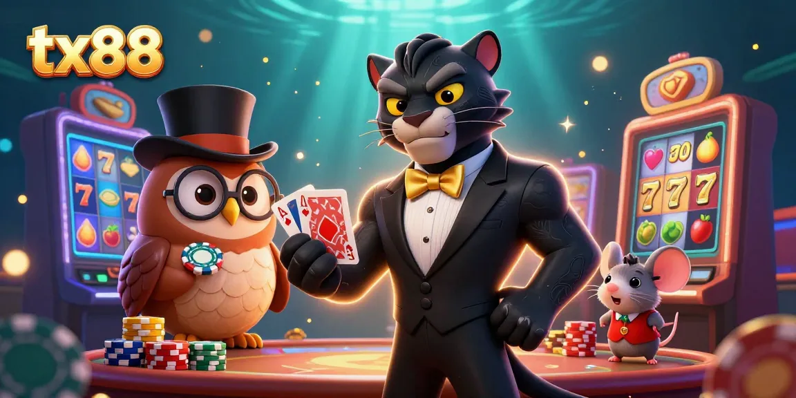 Experience the dynamic tx88 casino scene with stylish characters and vibrant slot machines.