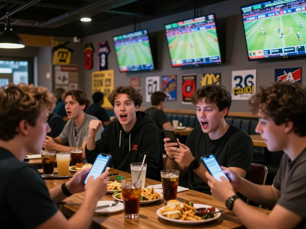 Sports fans engaging in live betting action at a vibrant venue while using keonhacaii apps