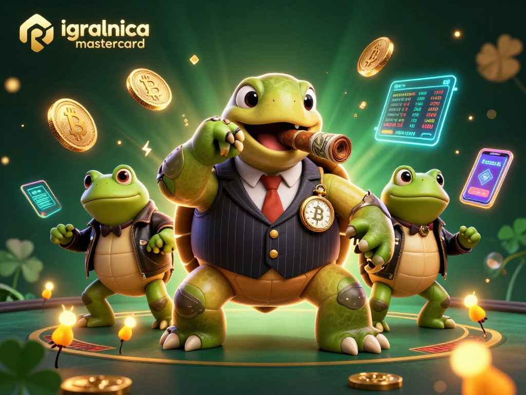 Akcija v igralnici Mastercard z glavnim likom in igralnimi elementi okoli.