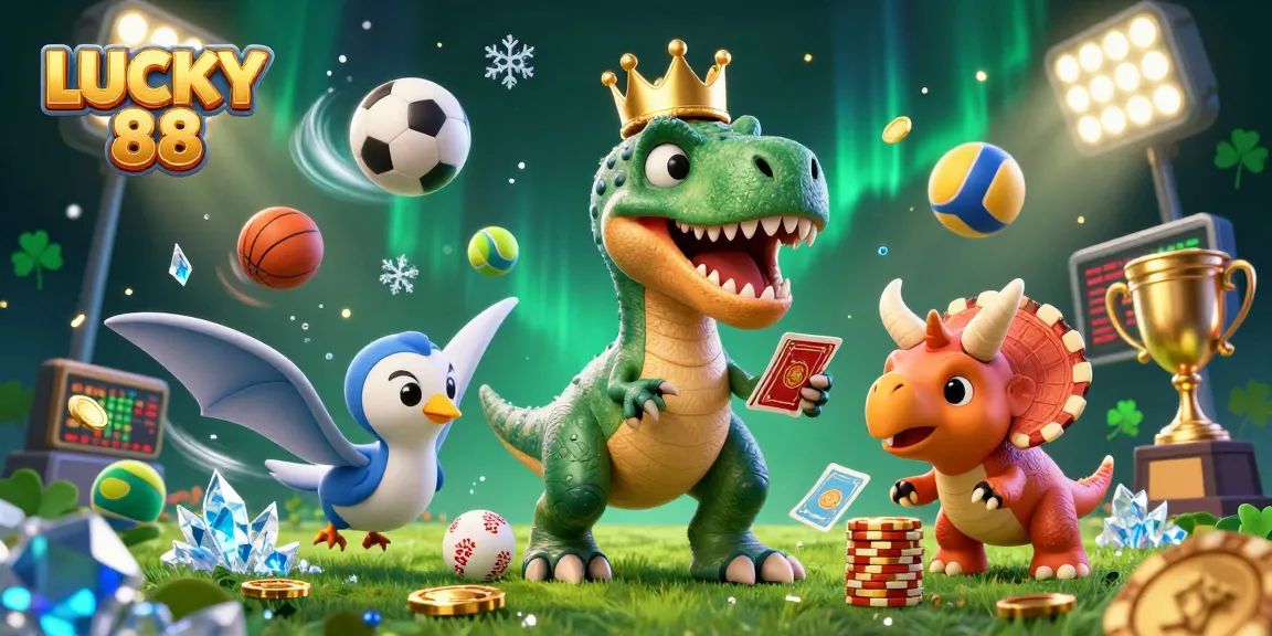 Experience thrilling luck at LUCKY 88 with a playful T-Rex shuffling cards and a baby triceratops stacking chips.