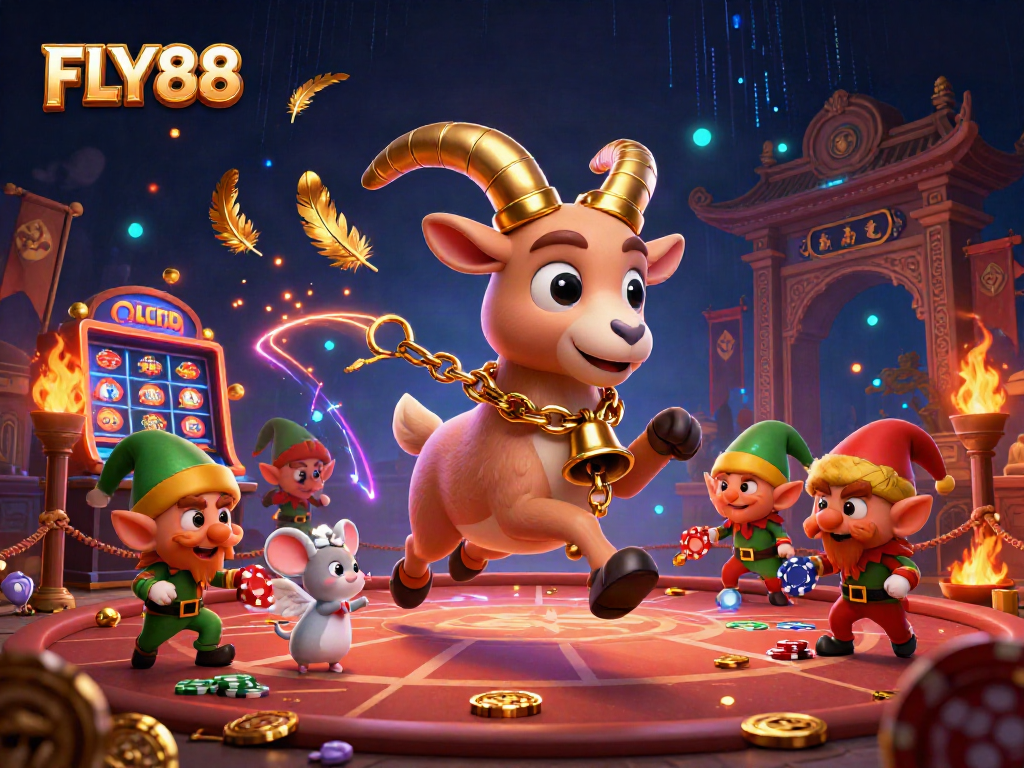 FLY88 unleashes excitement with Krampus casino scene featuring vibrant characters, captivating action, and gold coins.