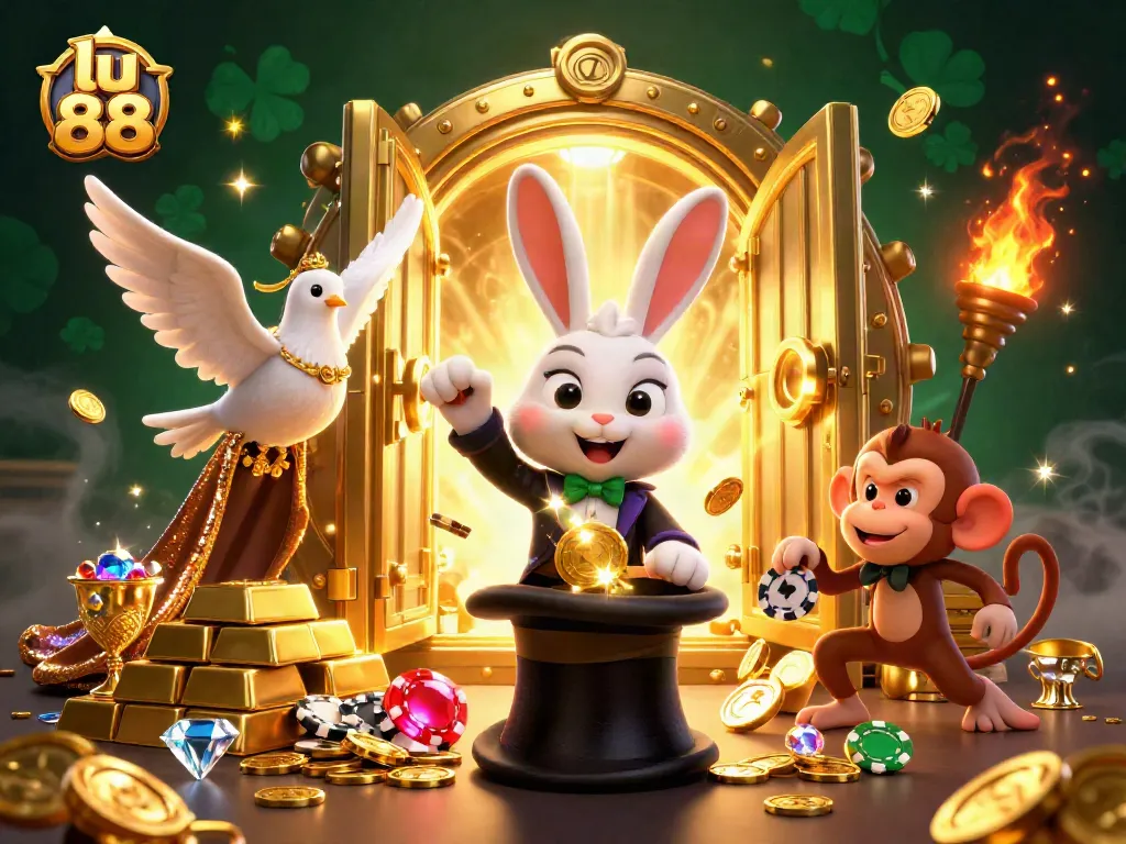 Experience the thrill of lu 88 as the enchanting rabbit pulls golden coins amidst a vibrant casino scene.