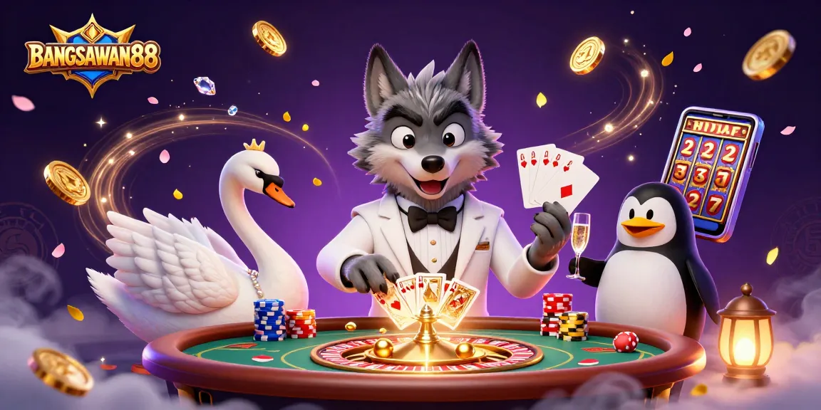 Experience the excitement of BANGSAWAN88 with vibrant casino elements and characters in action.