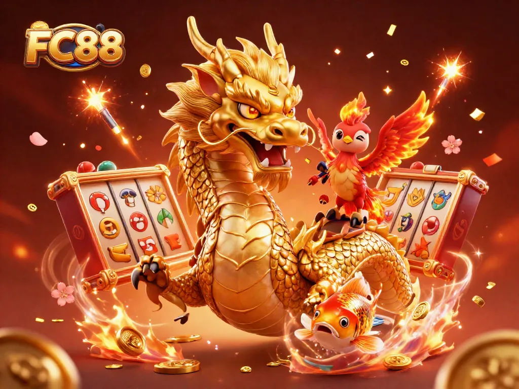 Experience the excitement of FC88 with vibrant gaming elements and dynamic characters in a rich, colorful illustration.