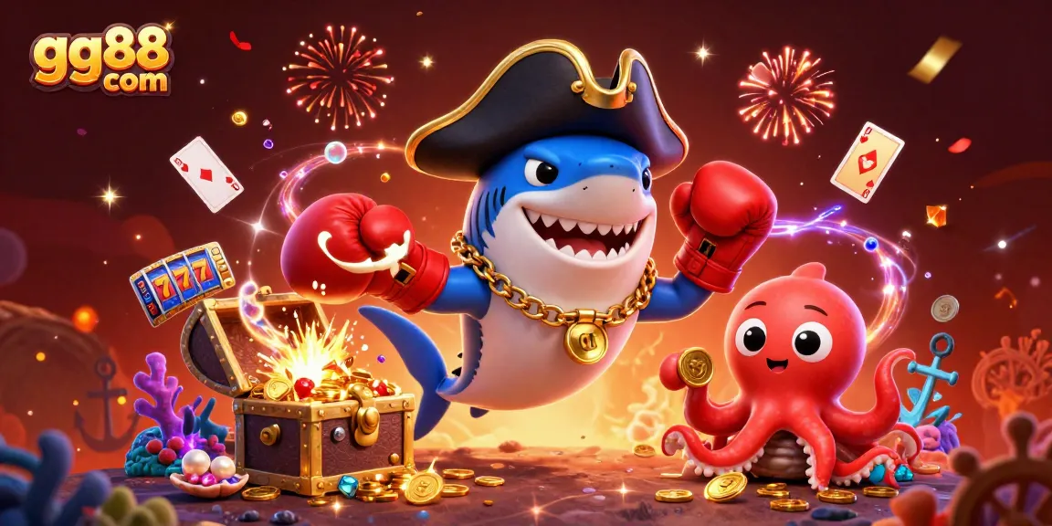 Experience casino excitement with gg88 com as lively characters celebrate amidst vibrant gaming treasures.
