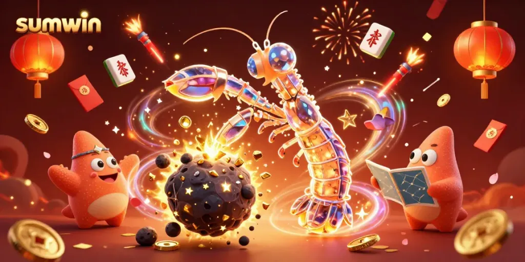 Engaging scene showcasing sumwin, depicting vibrant 3D samurai mantis shrimp amidst casino elements exploding with coins.