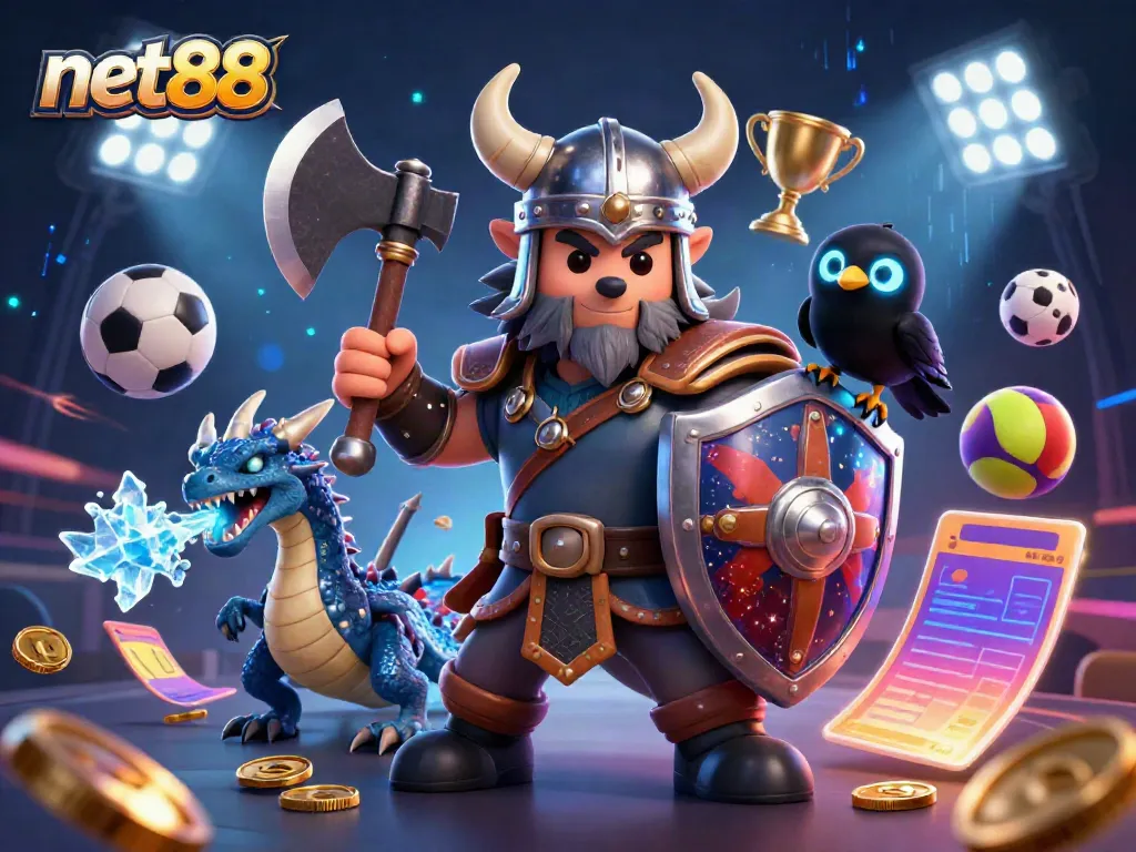 Betting with net88 in an intense scene featuring a Viking warrior, dragon, and sports elements.