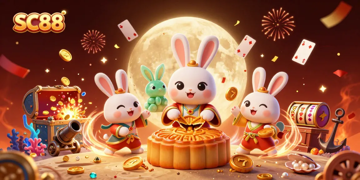 Experience the excitement at SC88 with a vibrant moon rabbit scene showcasing poker chips and festive elements.