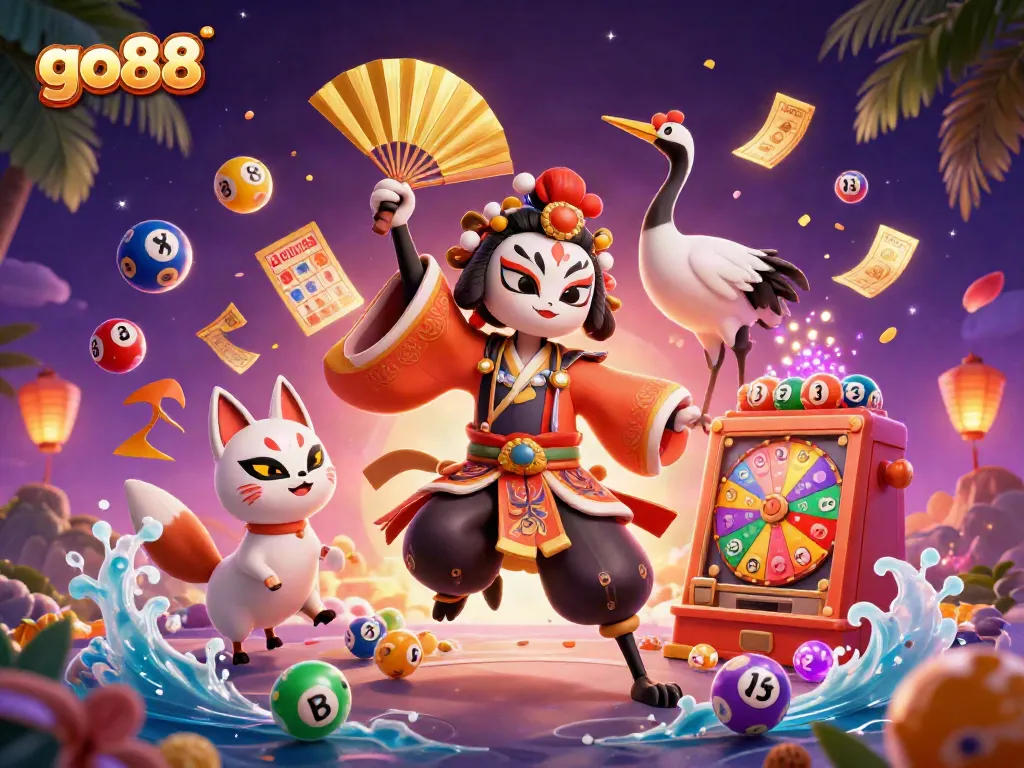 Experience the excitement of go88 with a vibrant digital illustration of kabuki and kitsune characters surrounded by colorful gambling elements.
