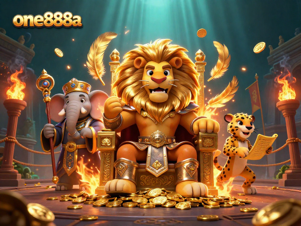 Experience thrilling gameplay at one888a with a fierce lion king and captivating casino elements.