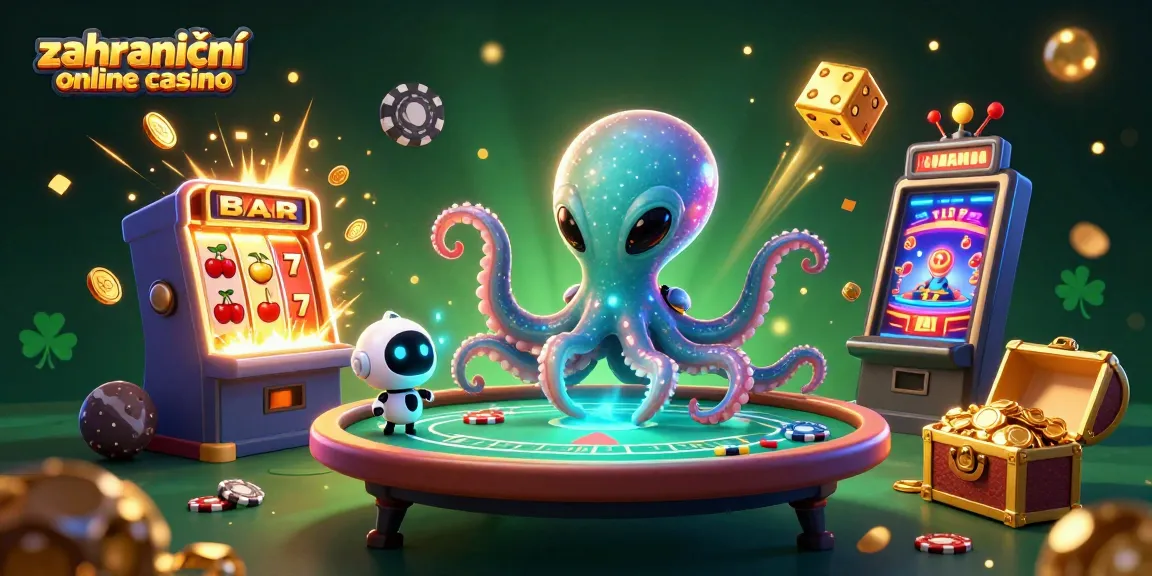 Zahraniční online casino s 3D ilustrací mimozemské chobotnice a robotického společníka u pokerového stolu.