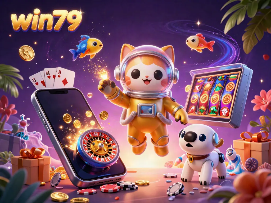 Experience the excitement of win79 with a vibrant 3D illustration featuring dynamic gaming elements and characters.